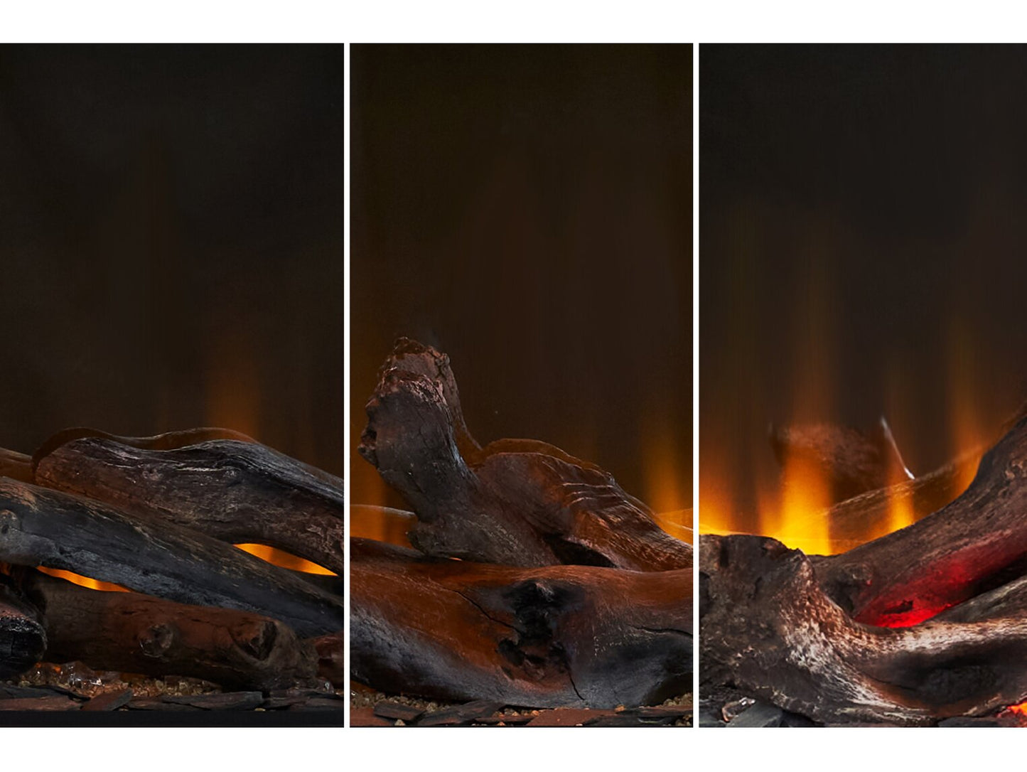 Panoramic widescreen perspective of the dimmable 3D LED flame effects flickering behind natural logs in the Aurora Incendium fireplace engine.