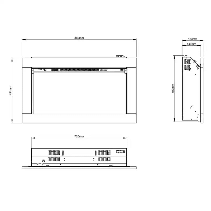 Technical blueprint of an electric inset fire with detailed dimensions in millimeters, showing front, side, and top views for installation planning.