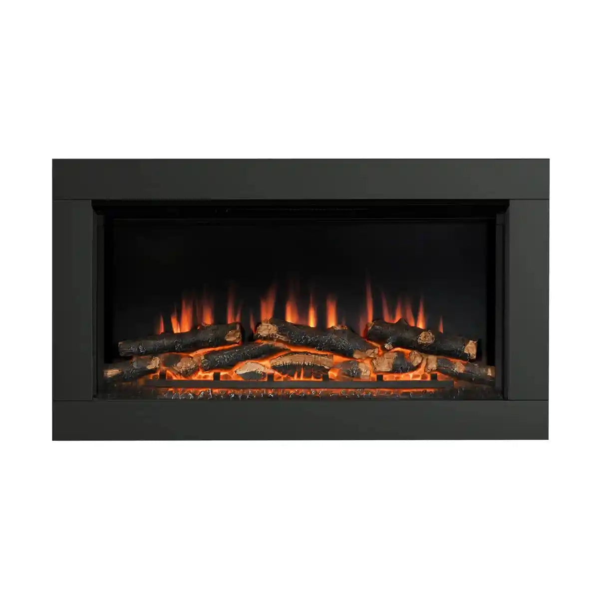 Black inset electric fire with realistic log effect, orange flames, and sleek modern frame, ideal for contemporary home heating