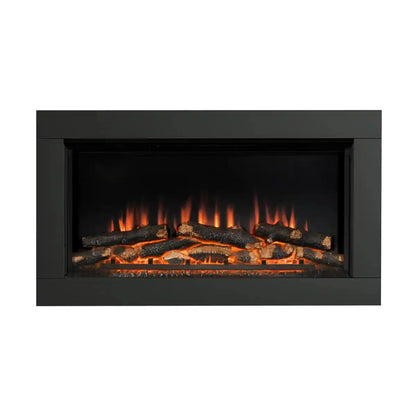 Black inset electric fire with realistic log effect, orange flames, and sleek modern frame, ideal for contemporary home heating
