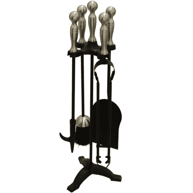 Complete 5-piece traditional fireplace tool set with black shafts and silver dome handles