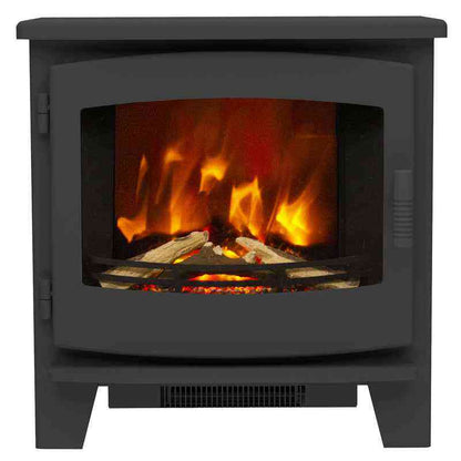 Beacon large electric wood stove in matte black finish with glass door and ember display