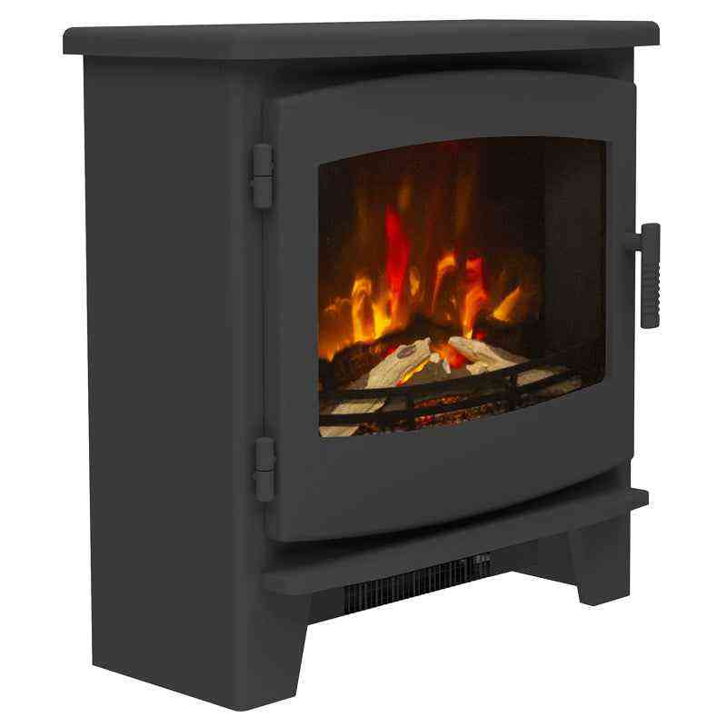 Three-quarter view of Matt Black electric stove showing curved glass door and timber-style design