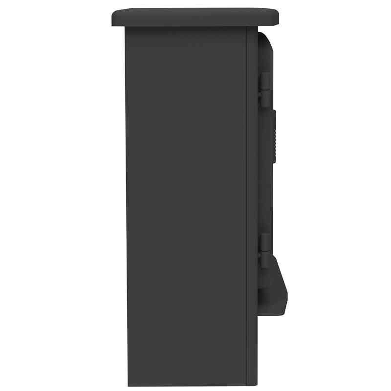 Side profile of Matt Black freestanding electric heater highlighting solid timber construction