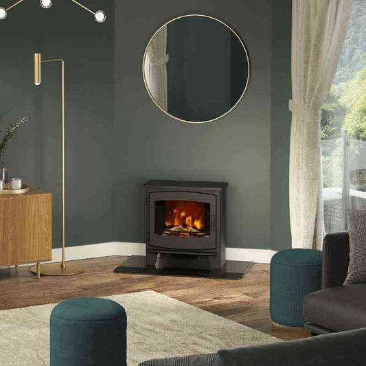 Freestanding electric fireplace in Matt Black creating cozy living room ambiance