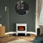Cozy living room scene featuring white freestanding electric stove with fire effect