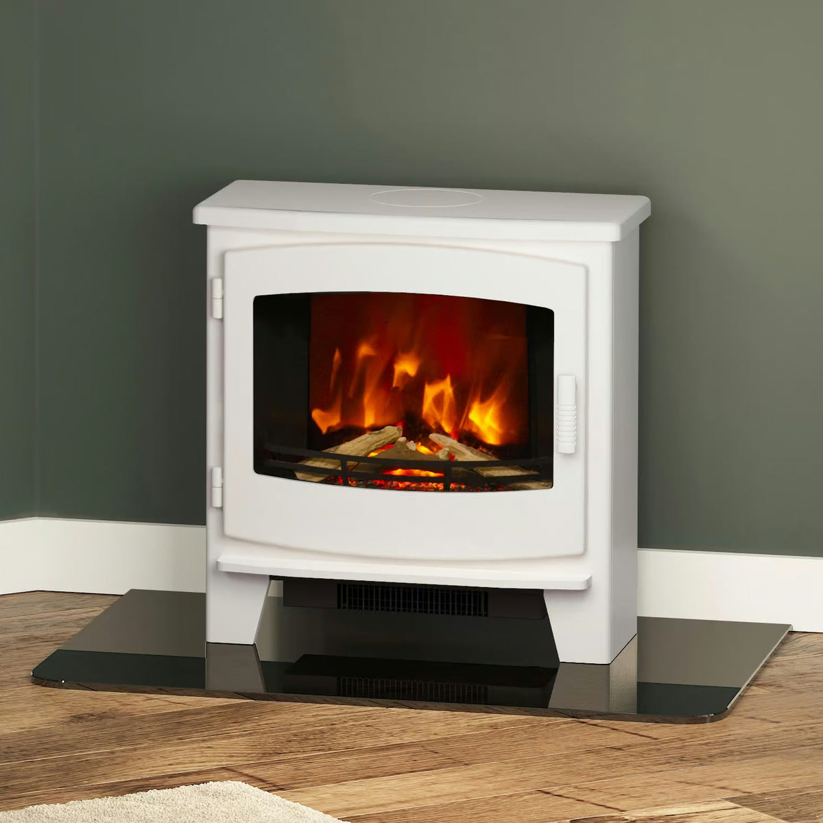 White Beacon electric stove in living room on black hearth with active flame