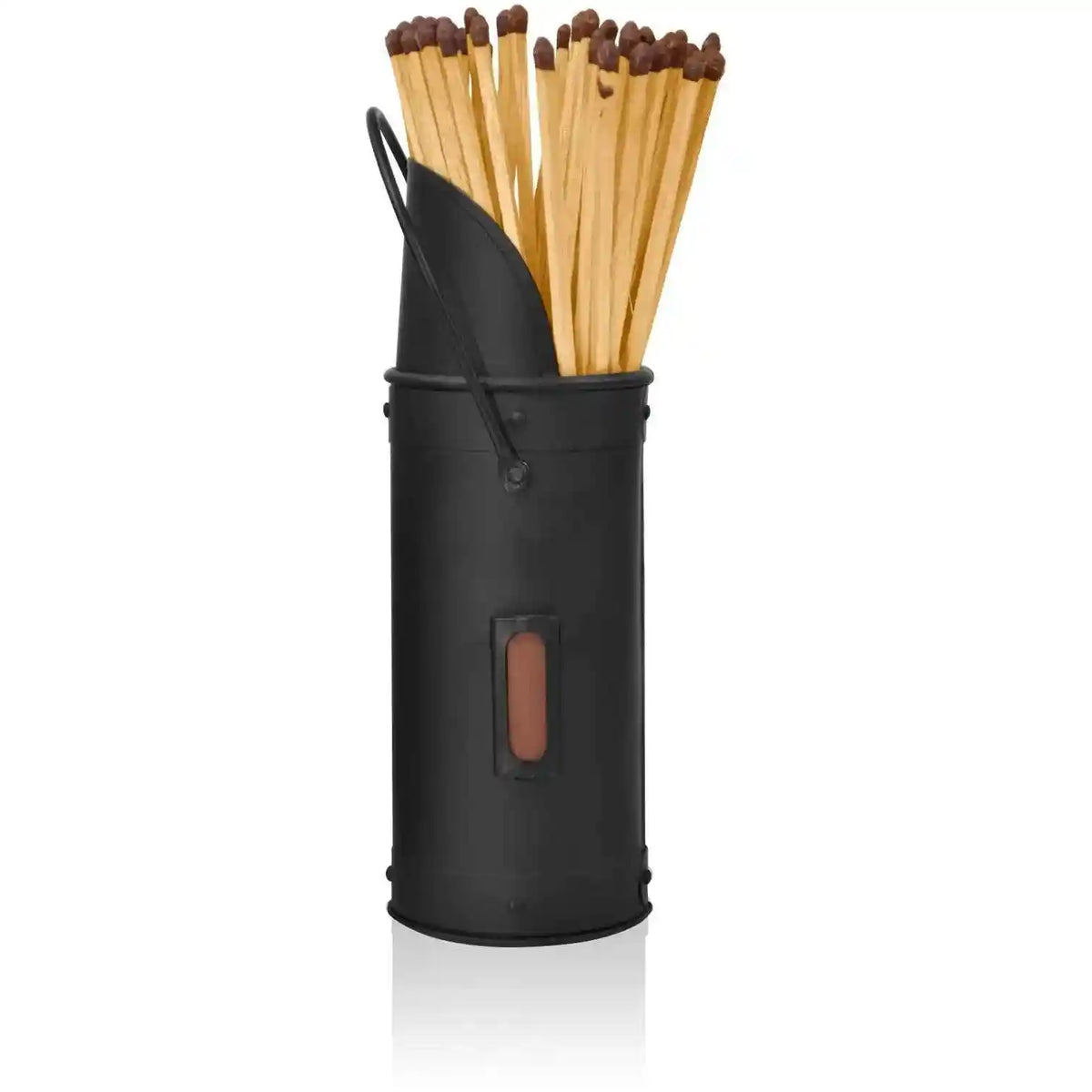 Calfire matte black metal match holder canister with side handle holding long fireplace matches