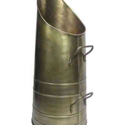 Close-up of Calfire Dryton steel coal scuttle with riveted handles and bands