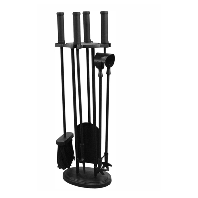 Calfire Ercall black 4-piece fireside tool set with matte iron handles and matching stand