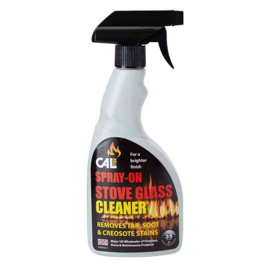 Calfire Stove Glass Cleaner spray bottle with black trigger, white container, label highlighting soot and creosote removal, 500ml
