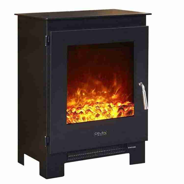 Studio shot of black Celsi Electriflame XD Metal 1 portable electric stove with orange LED flame on white background