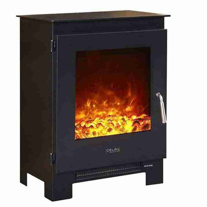 Studio shot of black Celsi Electriflame XD Metal 1 portable electric stove with orange LED flame on white background