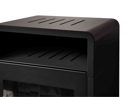 Close-up of black bio ethanol stove showing vented top and compact structure, perfect for contemporary indoor fireplaces, SKU: 25492