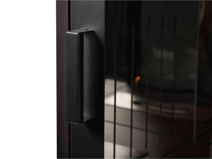 Detail of black bio ethanol stove's side panel with vertical slats, modern design element for indoor fireplace
