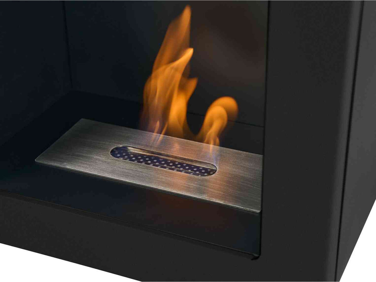 Black bio ethanol stove with stainless steel surface and visible orange flames, designed for home heating, SKU: 27404