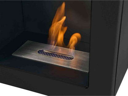 Black bio ethanol stove with stainless steel surface and visible orange flames, designed for home heating, SKU: 27404