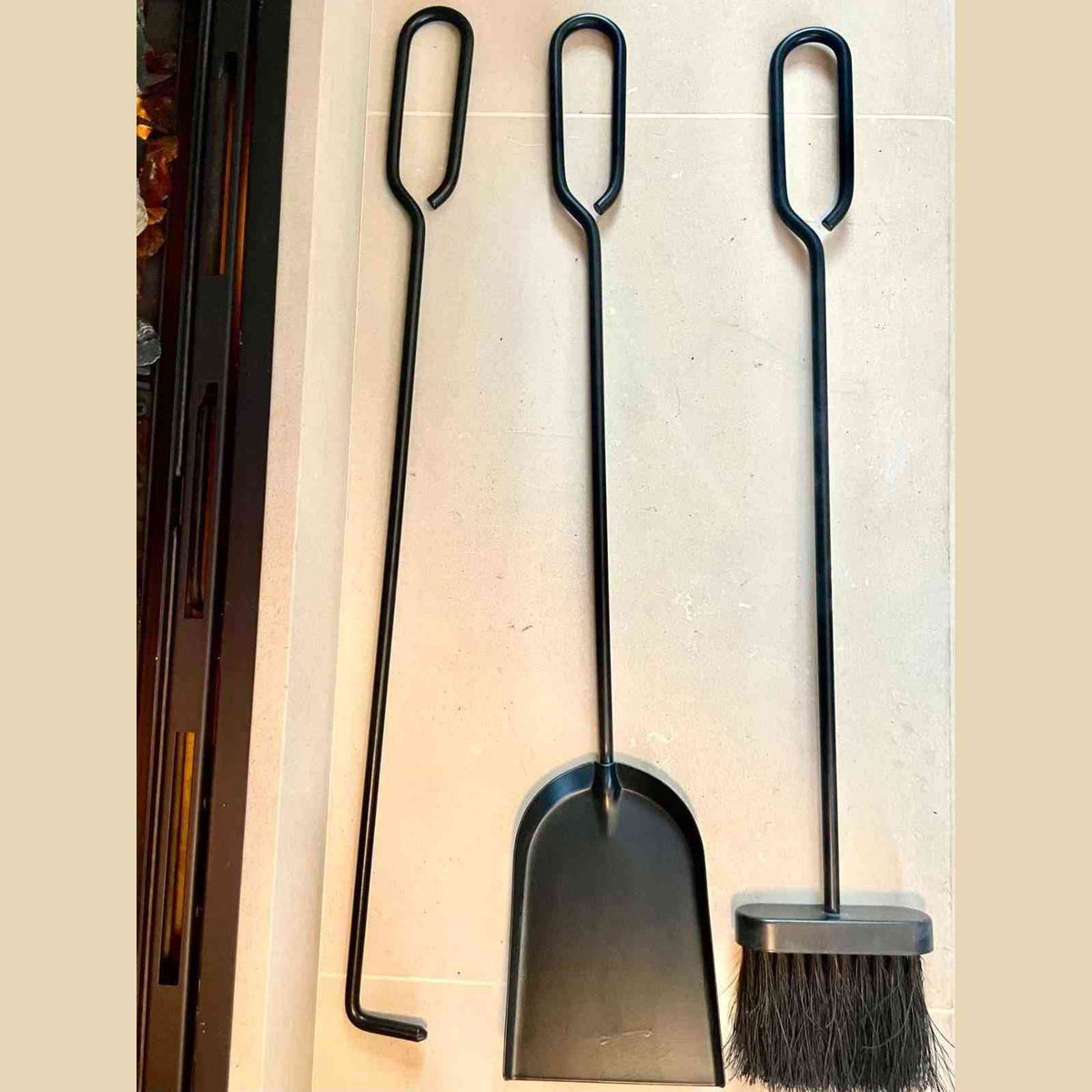 Matte black wrought iron poker shovel and brush fireplace tools set