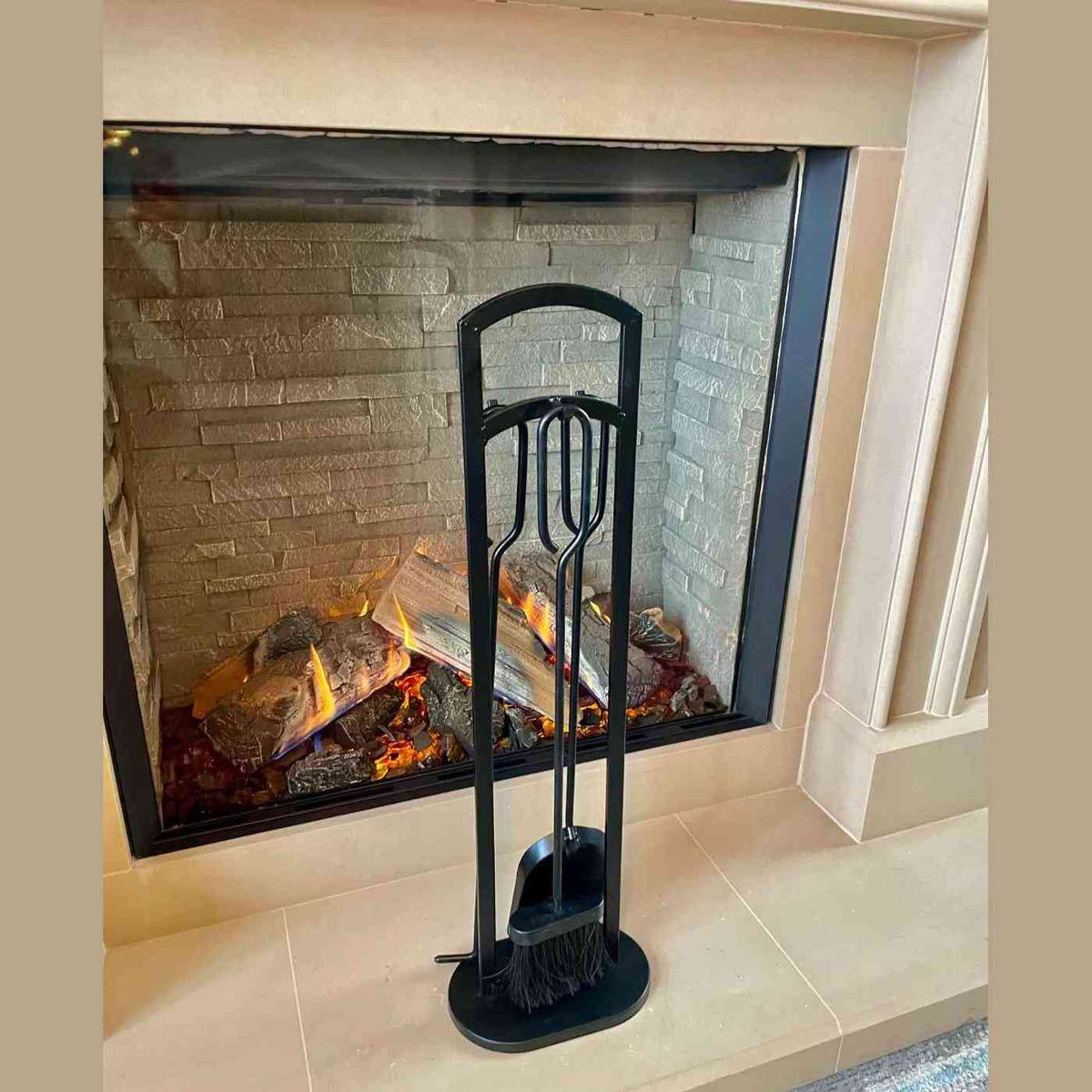 Deluxe Black Slim Contemporary Three-Piece Companion Set 70cm on tiled hearth
