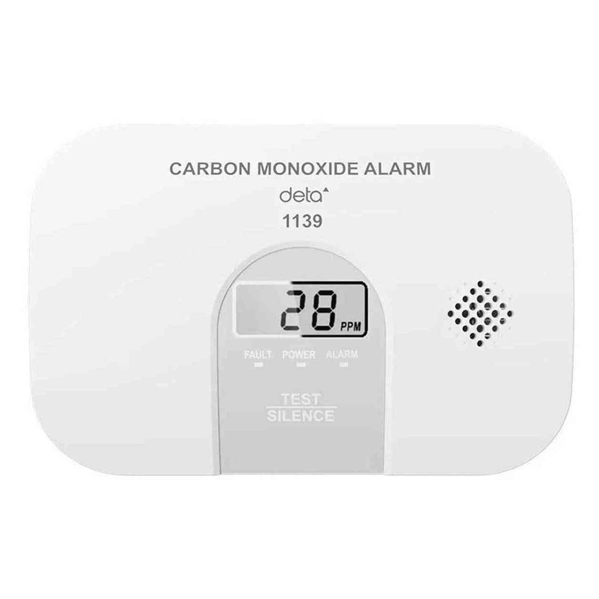 White Deta 1139 carbon monoxide alarm with LCD screen and test silence buttons