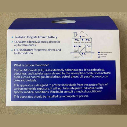 Deta CO alarm packaging back with room placement guide and sealed lithium battery info