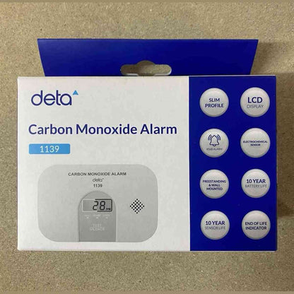 Deta 1139 Carbon Monoxide Alarm box showing 10-year battery life and digital display features