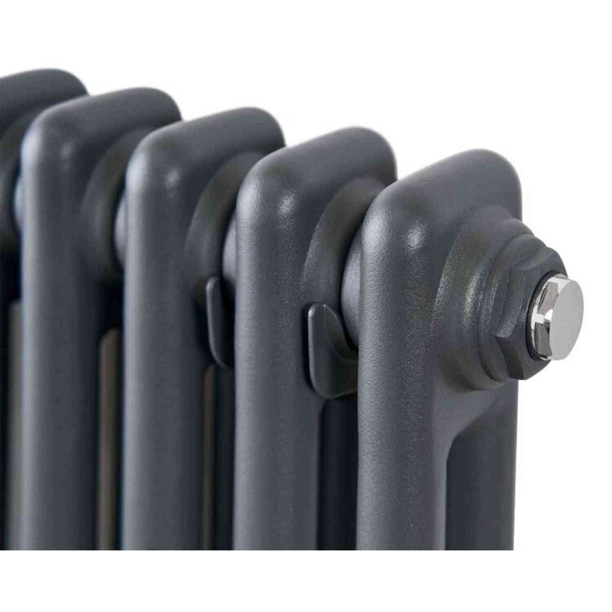 Anthracite electric column radiator detail with chrome valve cap and mounting clips
