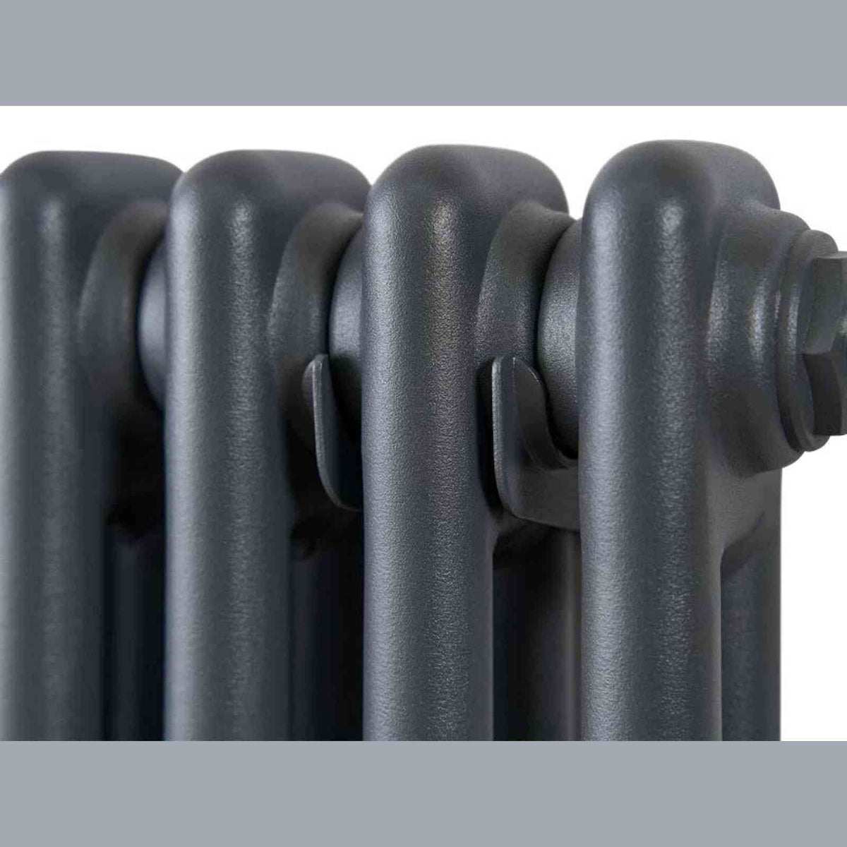 Close-up of matte anthracite finish and structural joints on Eden Arcadia radiator
