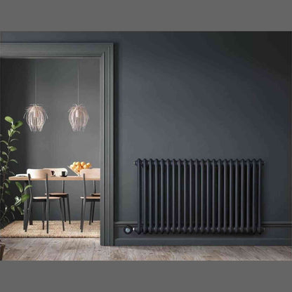 Eden Arcadia anthracite radiator installed in modern living room near console table