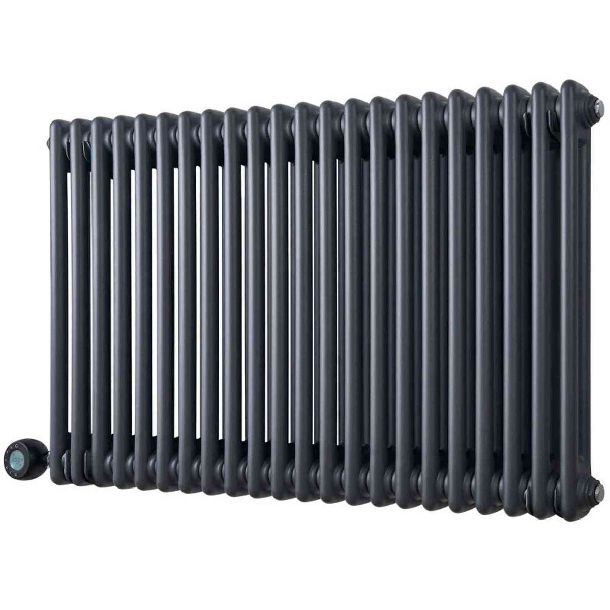 Horizontal anthracite Eden Arcadia radiator with blue display thermostat and chrome end cap
