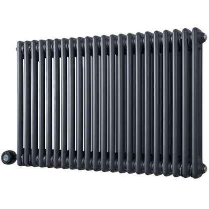 Horizontal anthracite Eden Arcadia radiator with blue display thermostat and chrome end cap