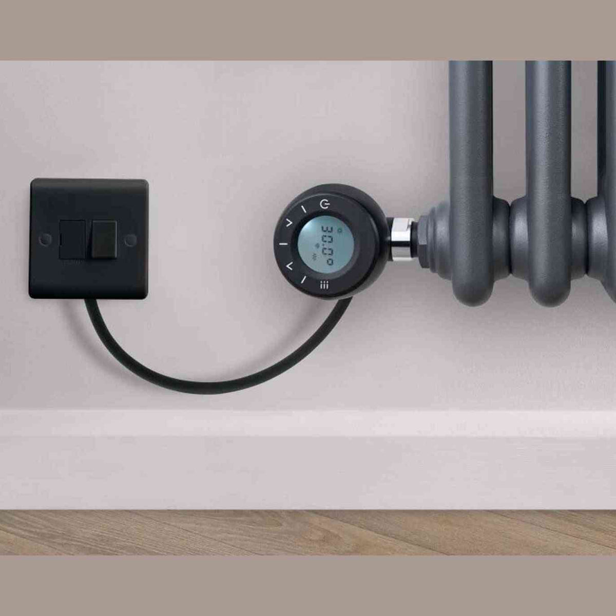 Eden Arcadia smart WiFi radiator installed with dual-toggle switch and thermostat display