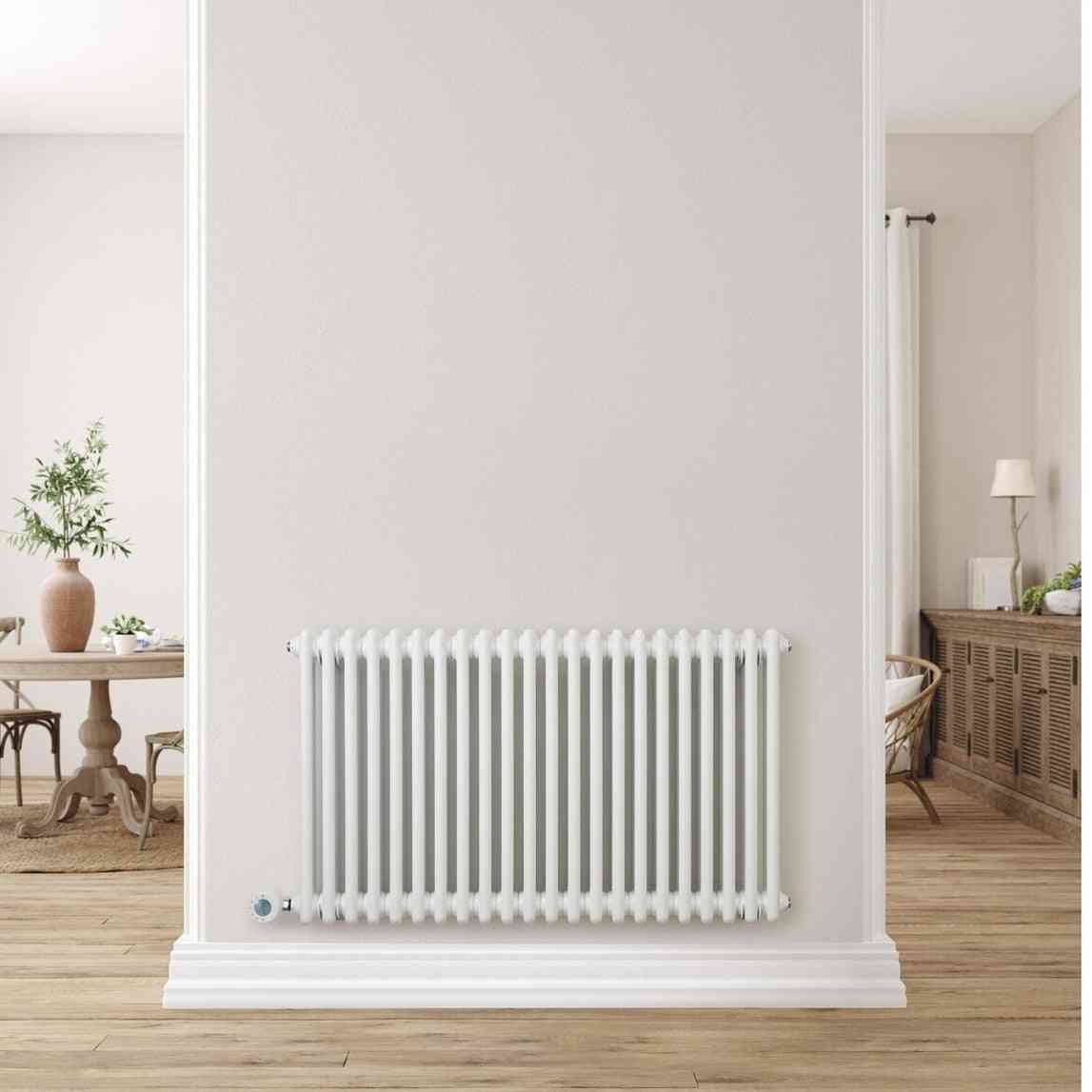 White Eden Arcadia WiFi electric column radiator installed in hallway with rustic decor