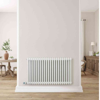 White Eden Arcadia WiFi electric column radiator installed in hallway with rustic decor