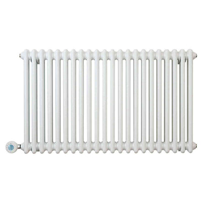 Front view of white Eden Arcadia column radiator with vertical fins and digital thermostat