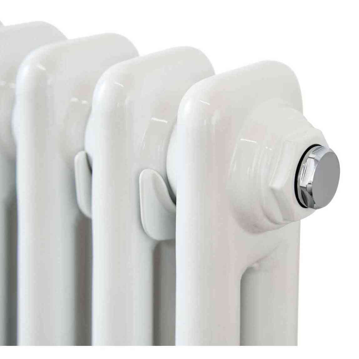 Close-up of white painted metal finish and chrome connection nut on Eden column radiator