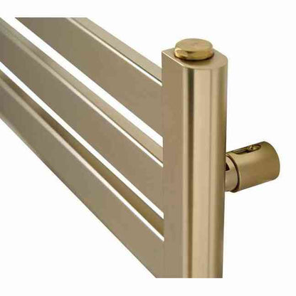 Detail shot of matte brushed brass heated bars and side valve connector on Eden towel radiator