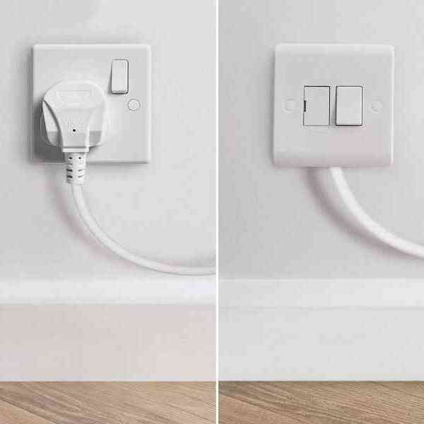 White plug and dual-switch wall plate for Eden WiFi electric towel radiator installation