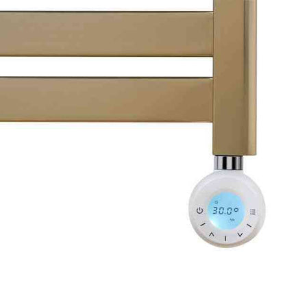 Blue backlit digital thermostat display showing temperature control on Eden electric towel radiator