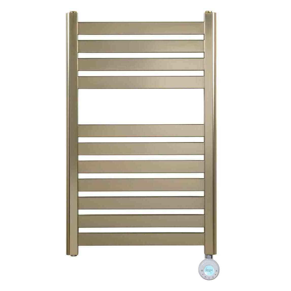 Full view of 800x500mm Eden smart towel warmer in matte gold brushed brass