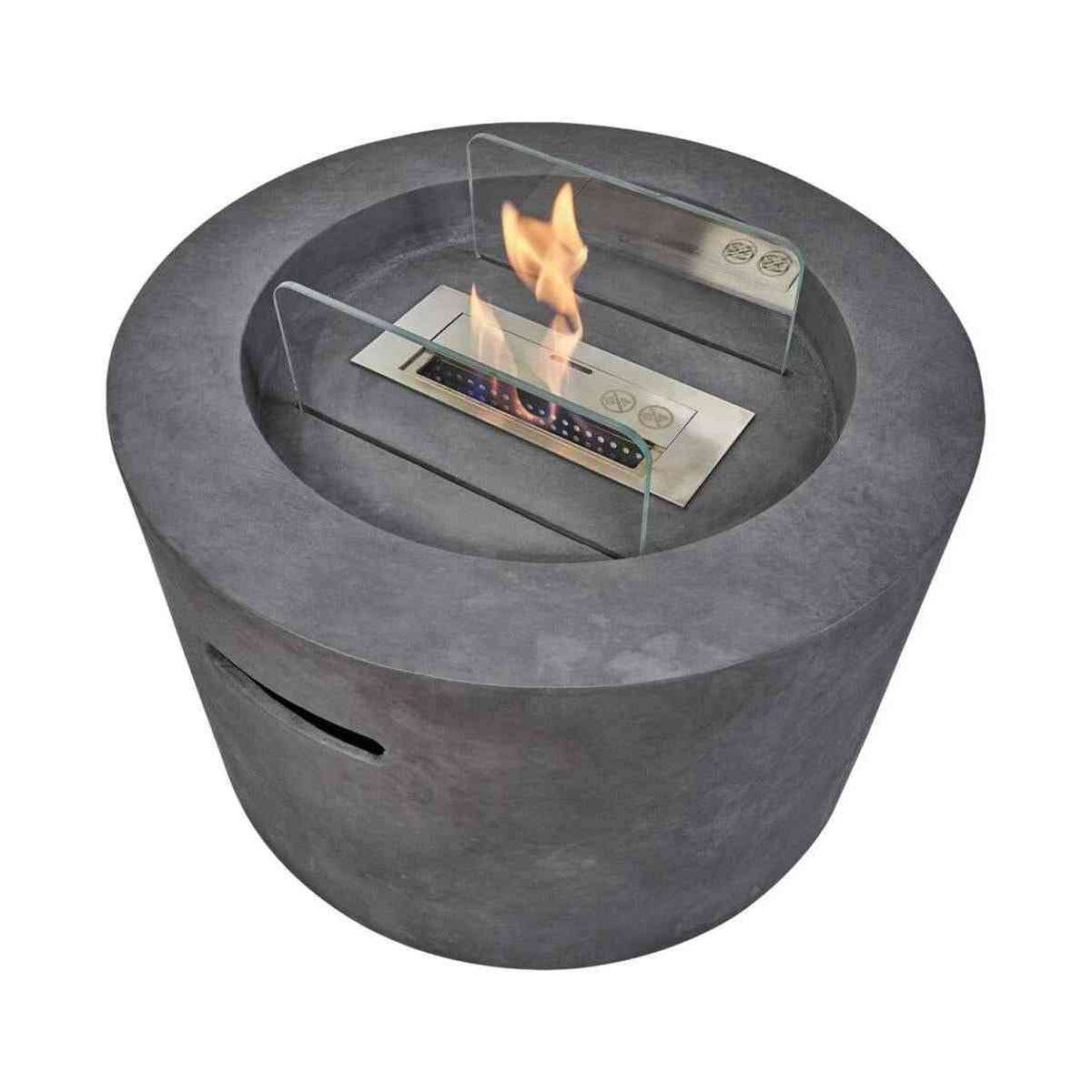Top-down view of lit Field & Flame bioethanol fire pit with active flames, glass wind guards, and control indicators