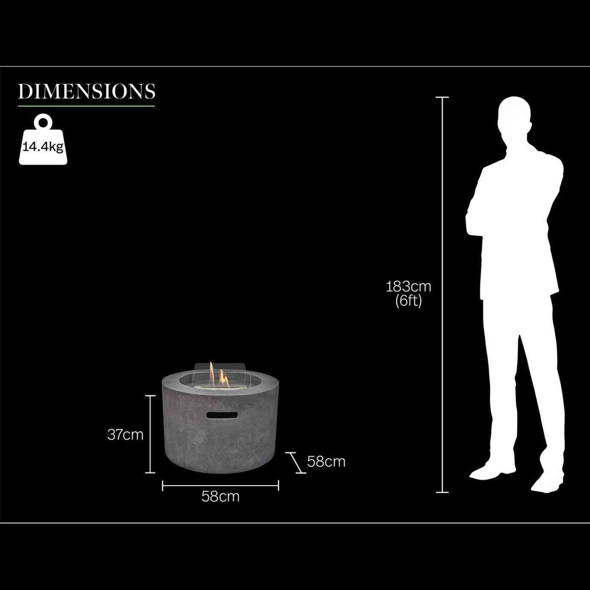 Field & Flame 3kW bioethanol fire pit dimensions graphic showing 58cm diameter height and weight scale