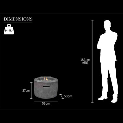 Field & Flame 3kW bioethanol fire pit dimensions graphic showing 58cm diameter height and weight scale