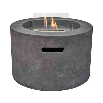 Field & Flame dark concrete grey cylindrical bioethanol fire pit with stainless steel burner and glass wind guards