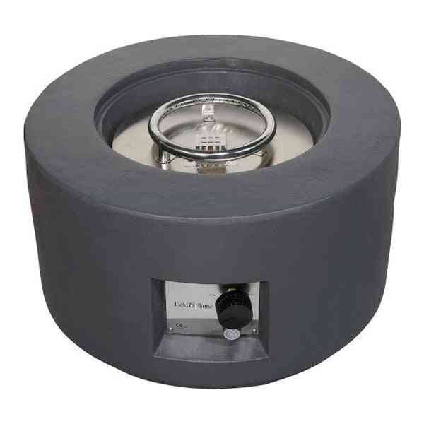 Grey Field & Flame gas fire pit top view with control panel and stainless steel burner