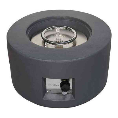 Grey Field & Flame gas fire pit top view with control panel and stainless steel burner