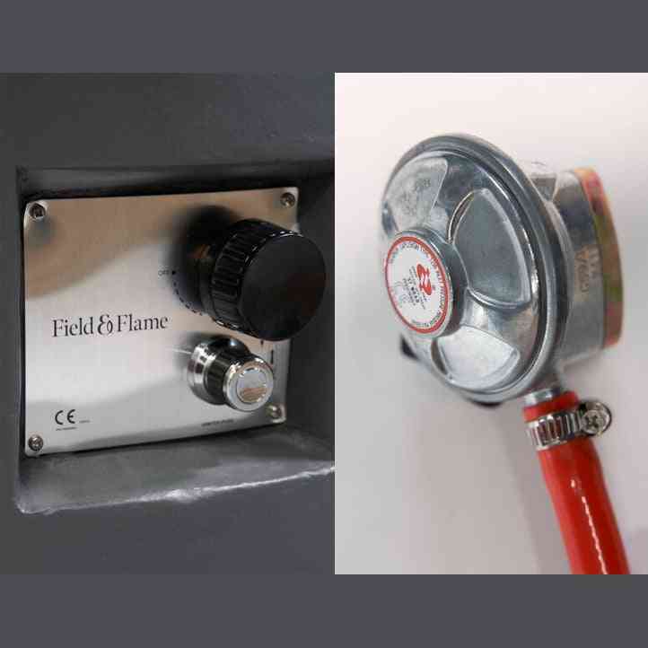 Split view of grey fire pit control panel knob and silver gas regulator with red hose