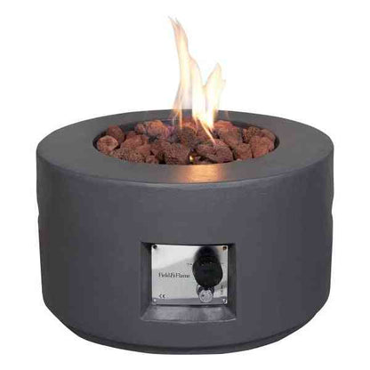 Front view of matte grey concrete-style gas fire bowl with engraved brand plate and flame