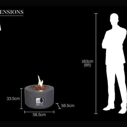 Field & Flame grey cylinder fire pit dimensions graphic showing height and lava rock interior