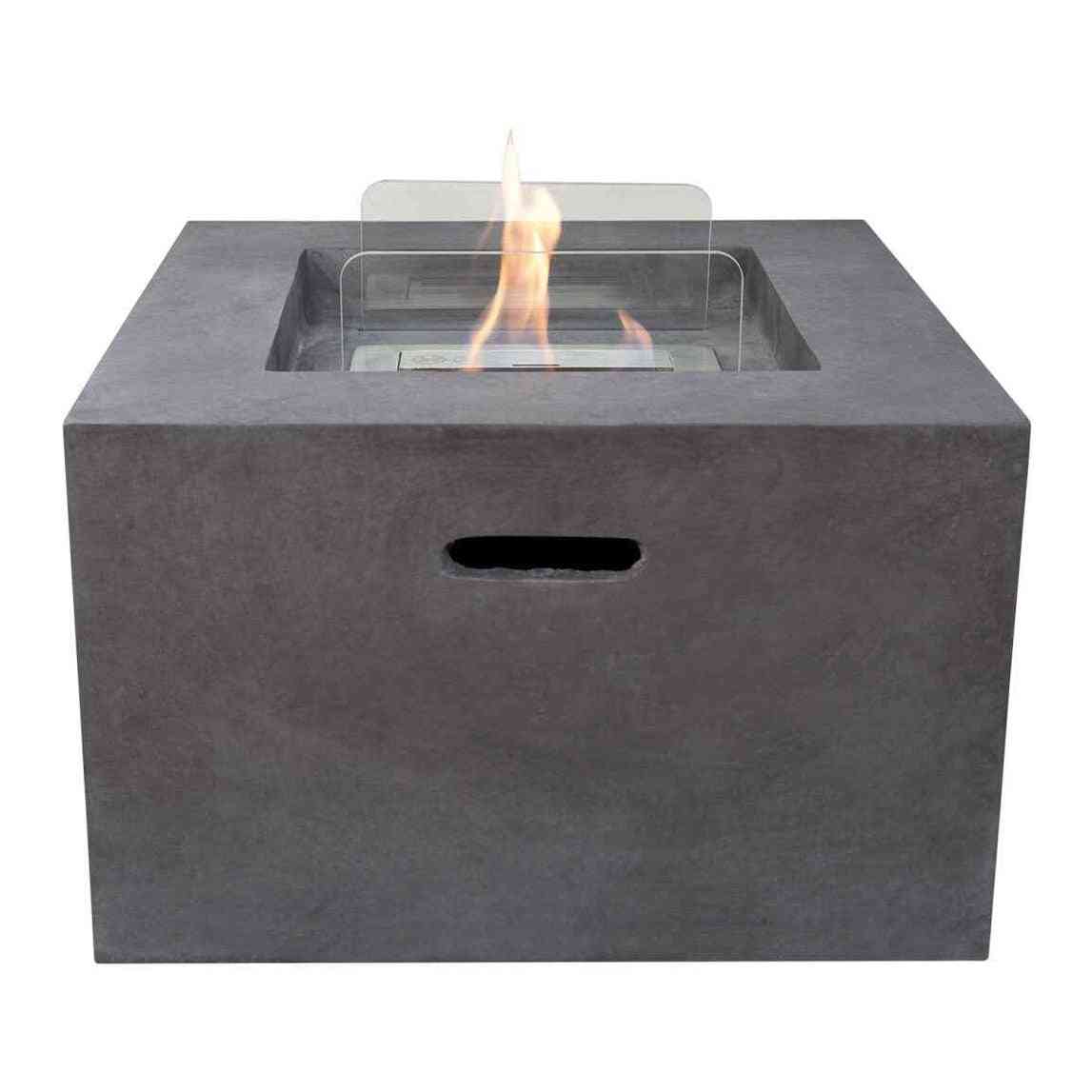 Front view of unlit square dark concrete grey bio ethanol fire pit with oval handle cutout